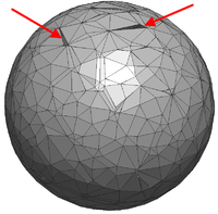 Sphere treated with the distance function - The mesh is not able to represent the complete surface of the sphere. At the "top" of the sphere several holes in the mesh appear - marked with red arrows.