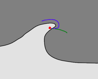 Breaking wave with two fluids. Blue line: Streamline at tⁿ;   Green line: Actual particle trajectory