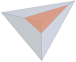Reproduced intersection pattern for the case of three intersected edges - When the tetrahedron (blue) is intersected in three edges, a triangle (red) is generated out of the three intersection nodes.