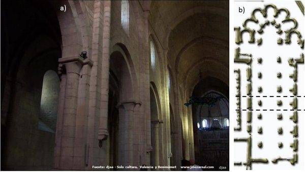 Cistercian church at the monastery of Poblet. a) Inner view of the central nave. b) Church plant and analized section.