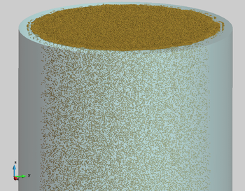Transport of spherical macroparticles up to the free surface of a tube filled with water. Particles move up with a prescribed velocity until they accumulate on the free surface. Results obtained with a coupled DEM-Eulerian CFD code [24