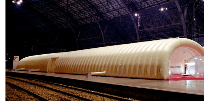 Inflatable exhibition hall in Barcelona. Original design. Results of   the aerodynamic analysis. Sewing of membrane patterns and final construction