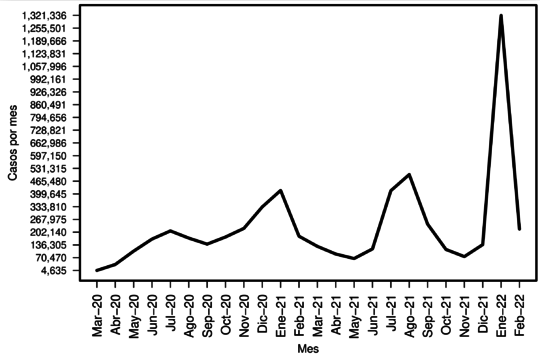 Evolución mensual del número de casos positivos a COVID-19.