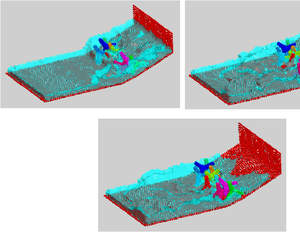 Motion of ten tetrapods on a slope under an incident wave.