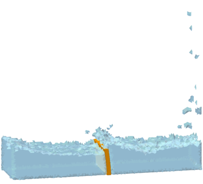Collapse of a water column on a deformable membrane. Snapshots of the 3D simulation of different instants. The V-element is used for the solid.