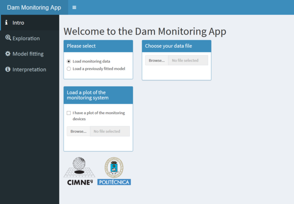 Dam Monitoring App. Welcome tab. File upload.