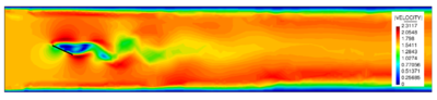Clock-wise rotating membrane in a channel flow - The picture shows the velocity field for three different time instances. The results are computed in a single simulation using the embedded approach. Due to still lacking visualization features, the rotating membrane is indicated as black line.