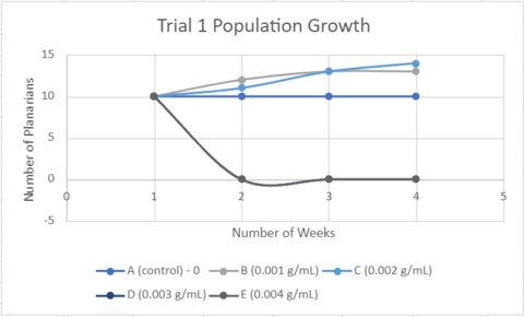 'Figure 6, Trial 1 population growth of the planarian groups.'