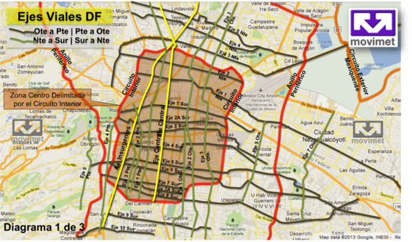 Mapa vial de la Ciudad de México en donde se muestra los 32 principales ejes viales de la ciudad.