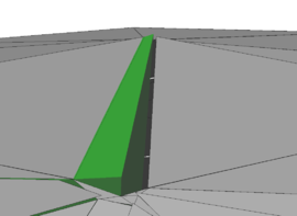Detailed view to the defect in the reproduced hole - Both figures show the same situation whereas the right figure also shows the detected tetrahedron (green) which is responsible for the defect.