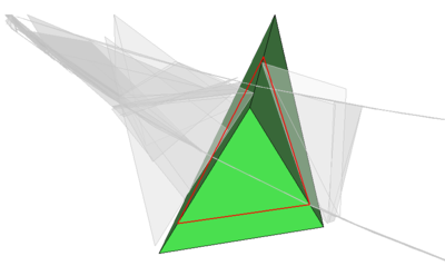 Misaligned structure-approximated triangle of the tetrahedron - The figure shows an intersection pattern in which the fluid element (green) approximates the structure with the red-framed triangle.
