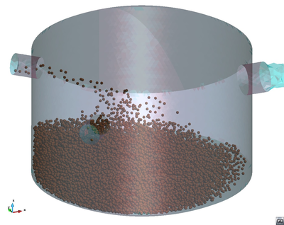 Filling of a container by injecting water containing macroscopic particles from two holes. Water is allowed to exit through a third hole at the upper right hand side of the cylinder. 3D PFEM results at four instants