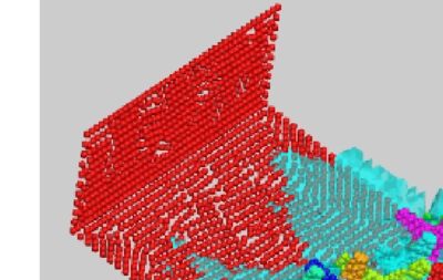 Detail of the motion of ten tetrapods on a slope under an incident   wave. The figure shows the complex interactions between the water particles   and the tetrapods.