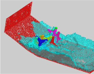 Detail of the motion of ten tetrapods on a slope under an incident   wave. The figure shows the complex interactions between the water particles   and the tetrapods.