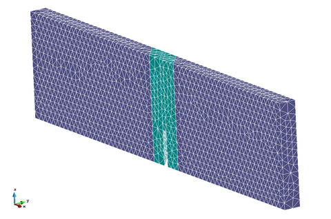 Three point bending skew notched beam initial FE mesh (15546 4-noded tetrahedra)