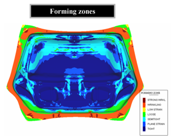 Car tail gate. Map of relative thickness distribution and forming zones on the   stamped part