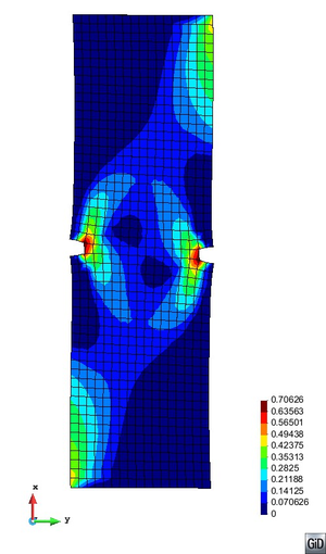 Top left: Contours of total displacement in the FE specimen with the identified material parameters (values in m).   Top right: Contours of stress in the longitudinal direction (values in Pa).   Bottom left: Contours of the principal plastic strain in the fibres (dimensionless).   Bottom right: Contours of the internal damage variable in the matrix (dimensionless).   Deformation is plotted amplified ×30.