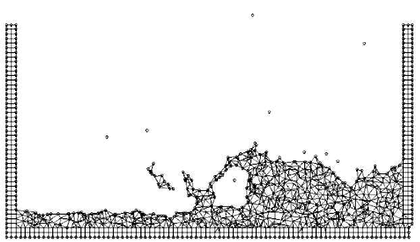 Breakage of a water column. (a) Discretization of the fluid domain and the solid walls. Boundary nodes are marked with circles. (b) and (c) Mesh in the fluid domain at two different times