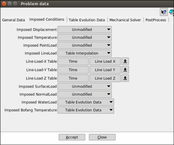 Interface menu: Imposed Conditions.
