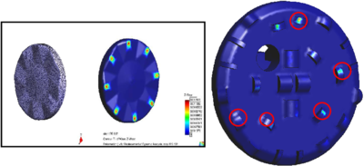 Wear of the rock cutting discs in a TBM during the simulation of a tunneling operation using the PFEM. Circles denote worn cutting discs.