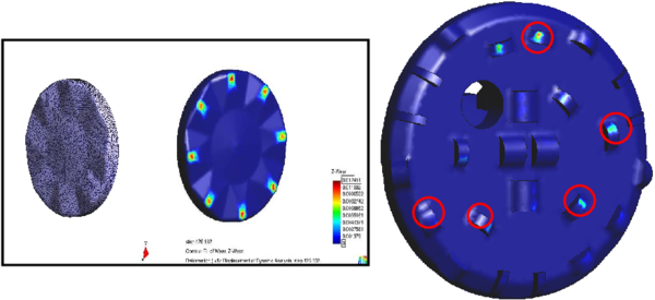 Wear of the rock cutting discs in a TBM during the simulation of a tunneling operation using the PFEM. Circles denote worn cutting discs.