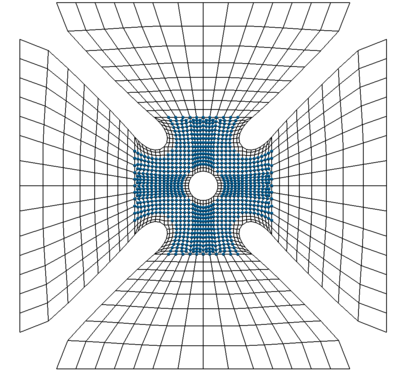 Finite element mesh of specimen (dots mark optimization nodes)