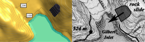 Lituya Bay landslide. Left: Geometry  for the simulation. Right: Landslide direction and maximum wave level [13,14