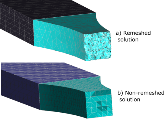 Tensile test comparison of the crack pattern between the solution with (a) or without (b) the remeshing technique
