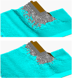 Study of breaking waves on the edge of a breakwater structure formed by reinforced concrete blocks
