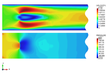 Solutions for a fixed embedded structure in a laminar channel flow - Note that in the body-fitted case the membrane can be seen as a distinct borderline whereas in the embedded case it only becomes visible by the pressure discontinuity. This is due to still existing visualization limitations.