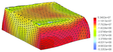 Sidepressing of a cylinder, FIC algorithm  (α=0.1),  tetrahedra, mesh  of 22186 elements: (a) effective plastic strain; (b) pressure distribution