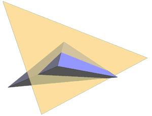 Plane cutting one tetrahedron in four edges - The geometrical configuration is chosen such that the tetrahedron (blue) is intersected in four edges by a triangular structure (yellow) resulting in a quadrilateral intersection surface.