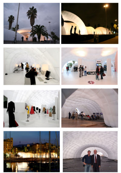 Inflatable exhibition hall in Barcelona harbour. Images of  outside and inside   spaces. Lower frame shows the first and third authors of the paper (from   right to left)