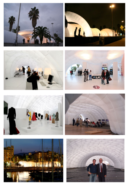 Inflatable exhibition hall in Barcelona harbour. Images of  outside and inside   spaces. Lower frame shows the first and third authors of the paper (from   right to left)