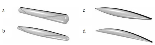 Formas viga Tensairity: (a) Cilindro, (b) Cigarro,  (c) Huso textil simétrico, (d) Huso textil asimétrico