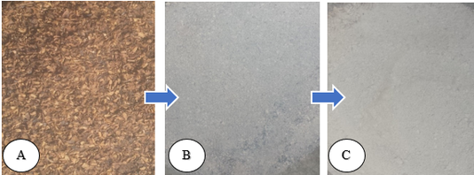Fig. 1: Dry coffee husk (A), Burned Coffee husk (B), and Coffee husk ash after sieving (C)