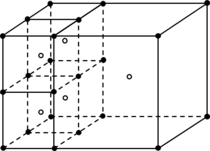 Linear octree positions of a part of an octree. White dots are center of cells, and black dots correspond to vertices of cells.