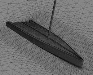 3D flow around a sailboat. Hull and mast mesh detail.