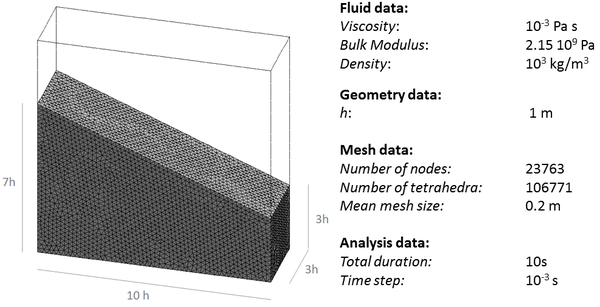3D analysis of sloshing of water in prismatic tank (θ= 1). Initial geometry and analysis data.
