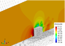 Pressure distribution at $t = 6 \, \text{s}$, refined mesh