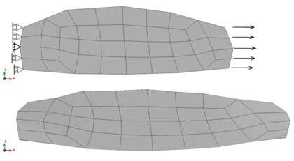 Original meshed geometry and boundary conditions of the patch of muscular tissue subjected to   displacement-driven tensile loading (above) and deformed mesh. Real deformation (×1) is plotted.
