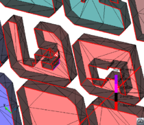 Different views of the higher entities of the edges of the DTM (upper figure) and some of the buildings (two figures at the bottom). Red edges are considered as boundaries, as they have higher entity equal to 1.
