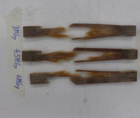 7.3 Probetas de uno de los materiales ensayadas. Se puede observar la poca longitud de la zona de mordazas.