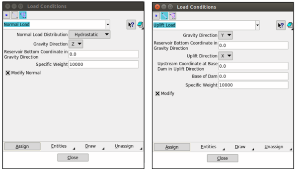 Interface menu for applying load conditions.