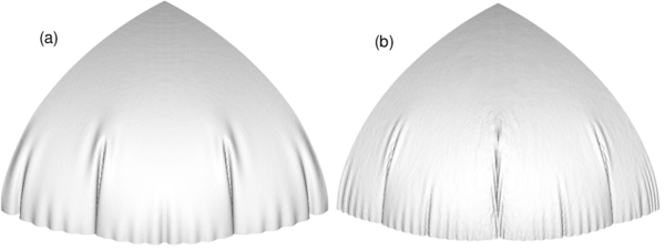 Inflation of a circular airbag. Deformed configurations for final pressure. (a) bending formulation; (b) membrane formulation.