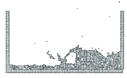 Breakage of a water column. (a) Discretization of the fluid domain and the solid walls. Boundary nodes are marked with circles. (b) and (c) Mesh in the fluid domain at two different times