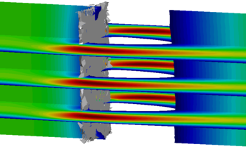 Velocity field in x-direction with the badly resolved plate - In order to be able to see the discontinuity of the velocity field the negative values are ignored.