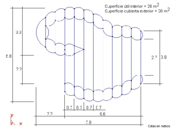 Plan of the ECCOMAS 2000 Pavilion using 11 low pressure tubes. Distances in meters