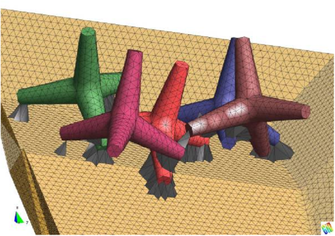 Detail of five tetrapods on an inclined plane. The layer of elements modeling the   frictional contact conditions is shown