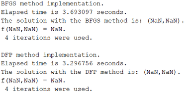 Resultados de los métodos DFP y BFGS para el punto inicial x⁰=(3,1)t.